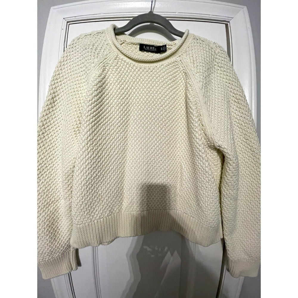 Lauren Ralph Lauren Womens XL Ivory Knit Crew Neck Raglan Ribbed Cotton Pullover